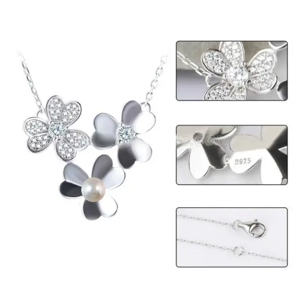 Colier Argint cu Pandantiv Argint Flower, Pavat cu Zirconii si Perla Naturala Alba de 7-8 mm