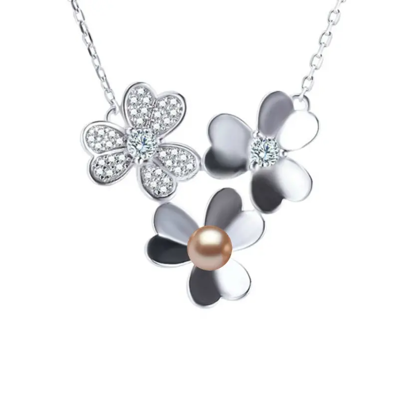 Colier Argint cu Pandantiv Argint Flower, Pavat cu Zirconii si Perla Naturala Lavanda de 7-8 mm