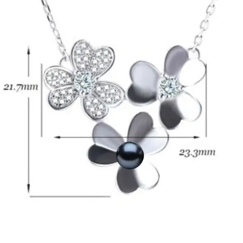 Colier Argint cu Pandantiv Argint Flower, Pavat cu Zirconii si Perla Naturala Neagra de 7-8 mm