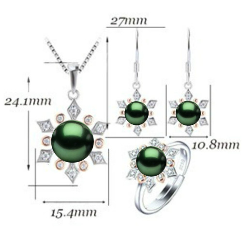 Set Argint, Inel Reglabil, Cercei si Colier cu Pandantiv cu Perle Naturale Verde Smarald