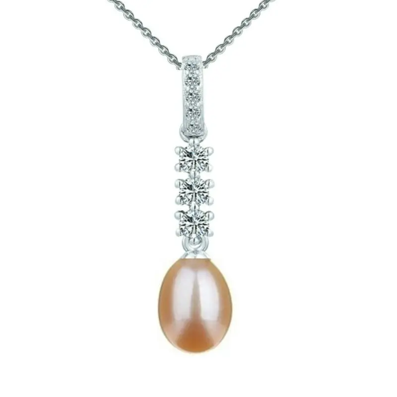 Colier Argint cu Pandantiv Argint, Pavat cu Zirconii si Perla Naturala Teardrop Crem