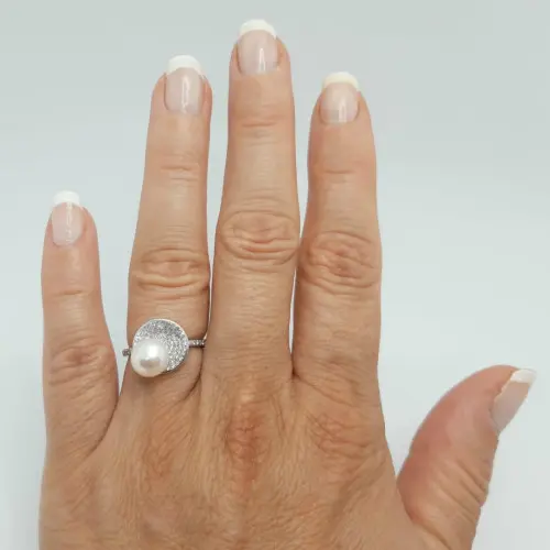 Set Argint Rodiat, Inel Reglabil Unique cu Zirconii si Cercei cu Perle Naturale Albe de 7,5-8 mm