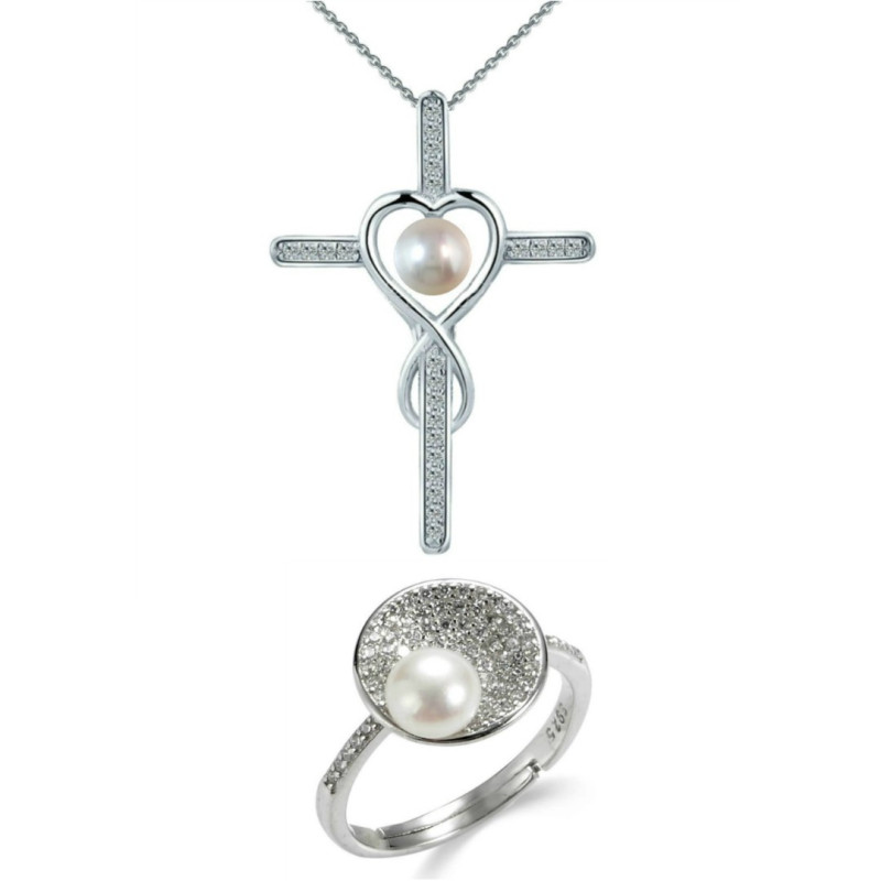 Set Argint, Inel Reglabil Unique si Crucifix cu Zirconii cu Perle Naturale Albe