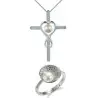 Set Argint, Inel Reglabil Unique si Crucifix cu Zirconii cu Perle Naturale Albe