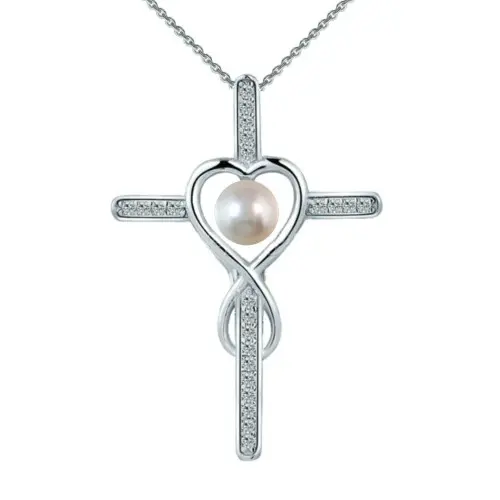 Set Argint, Inel Reglabil Unique si Crucifix cu Zirconii cu Perle Naturale Albe