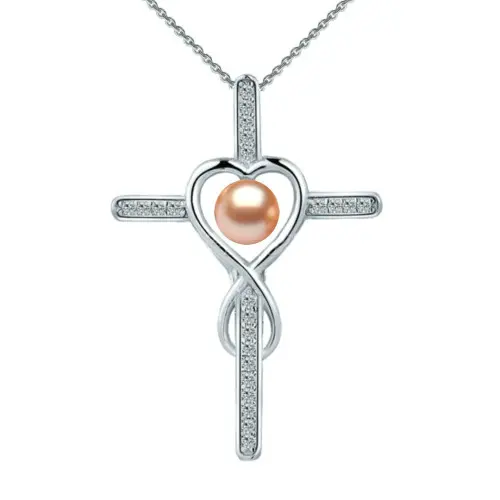 Set Argint, Inel Reglabil Unique si Crucifix cu Zirconii cu Perle Naturale Crem