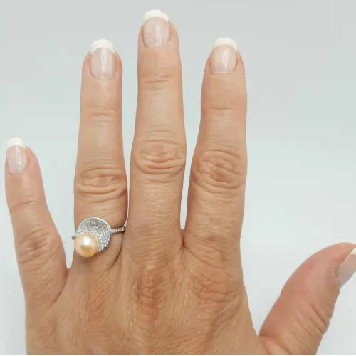 Set Argint, Inel Reglabil Unique si Crucifix cu Zirconii cu Perle Naturale Crem