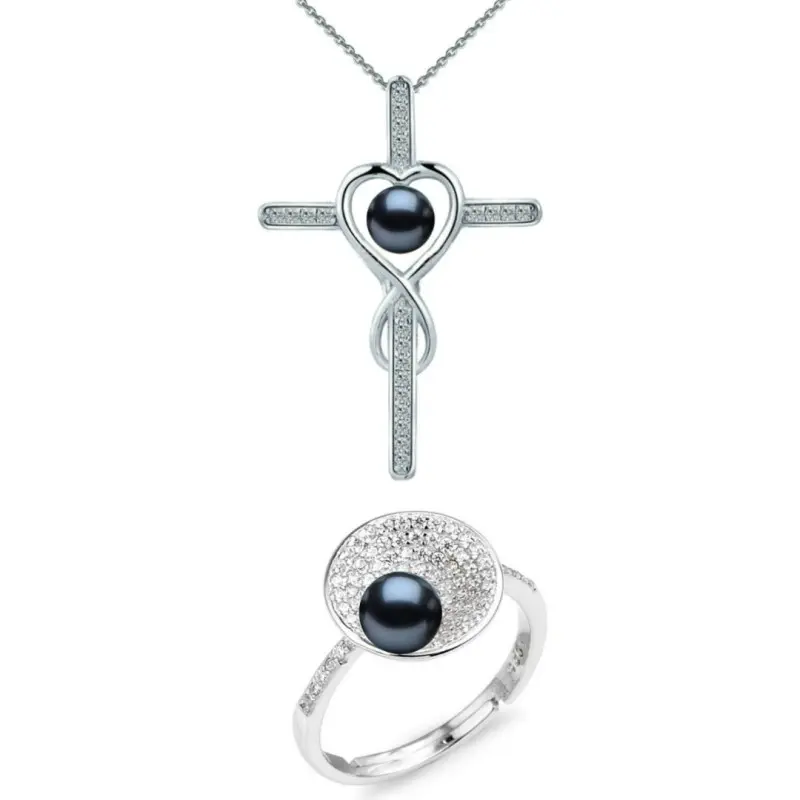Set Argint, Inel Reglabil Unique si Crucifix cu Zirconii cu Perle Naturale Negre