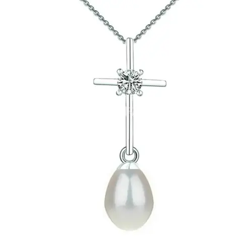 Set Argint, Inel Reglabil Unique si Crucifix Mic cu Zirconii si Perle Naturale Albe