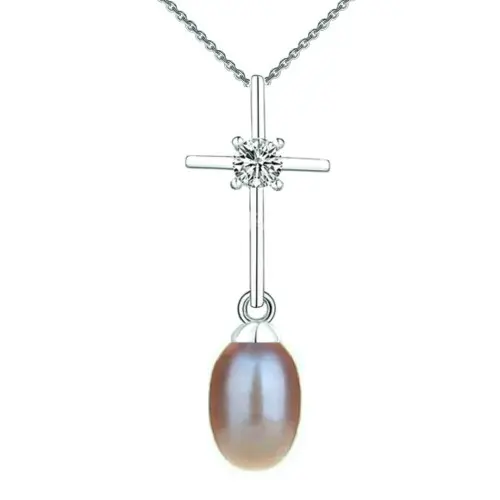 Set Argint, Inel Reglabil Unique si Crucifix Mic cu Zirconii si Perle Naturale Lavanda
