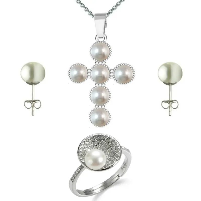 Set Argint, Inel Reglabil Unique, Crucifix Six Cross si Cercei cu Perle Naturale Albe
