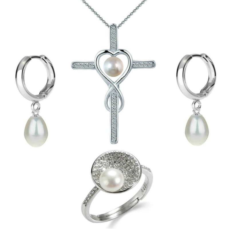 Set Argint, Inel Reglabil Unique, Crucifix Mare si Creole cu Perle Naturale Albe