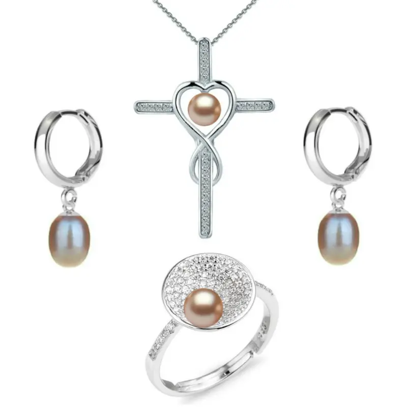 Set Argint, Inel Reglabil Unique, Crucifix Mare si Creole cu Perle Naturale Lavanda