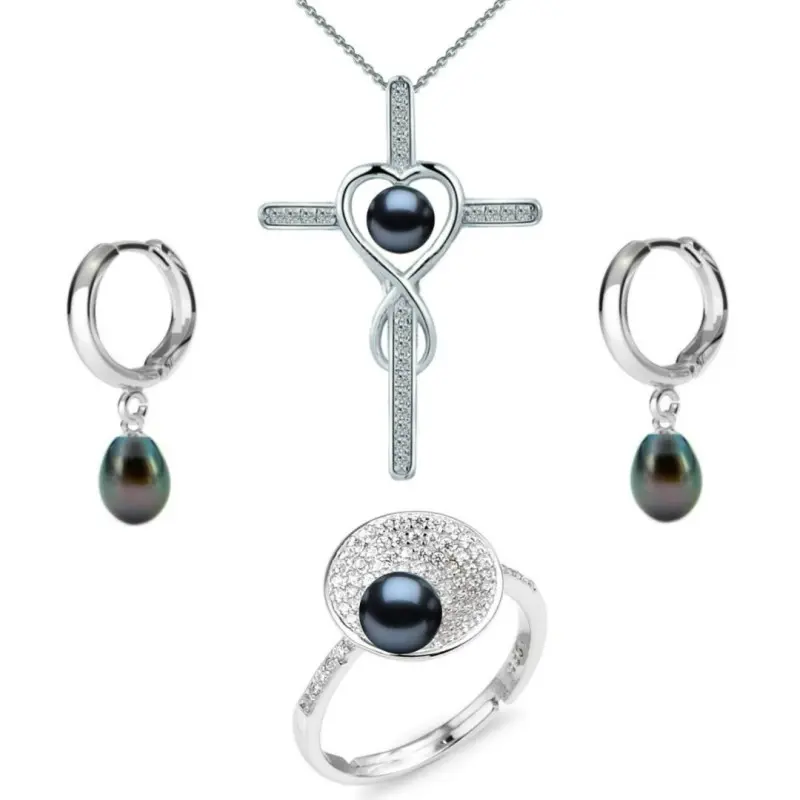 Set Argint, Inel Reglabil Unique, Crucifix Mare si Creole cu Perle Naturale Negre