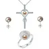 Set Argint, Inel Reglabil Unique, Crucifix Mare si Cercei cu Perle Naturale Lavanda