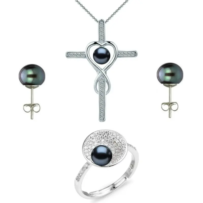 Set Argint, Inel Reglabil Unique, Crucifix Mare si Cercei cu Perle Naturale Negre