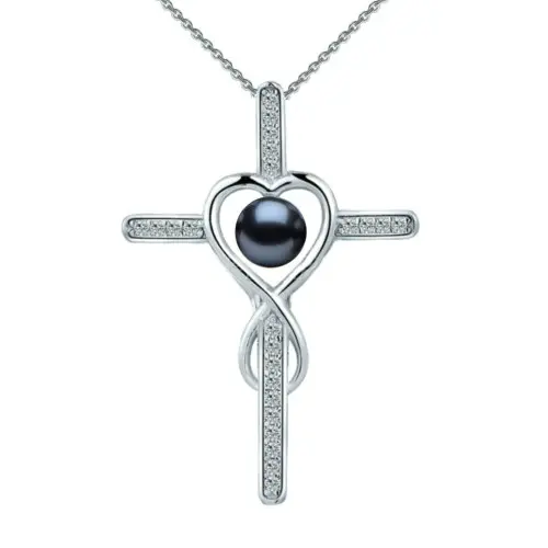 Set Argint, Inel Reglabil Unique, Crucifix Mare si Cercei cu Perle Naturale Negre