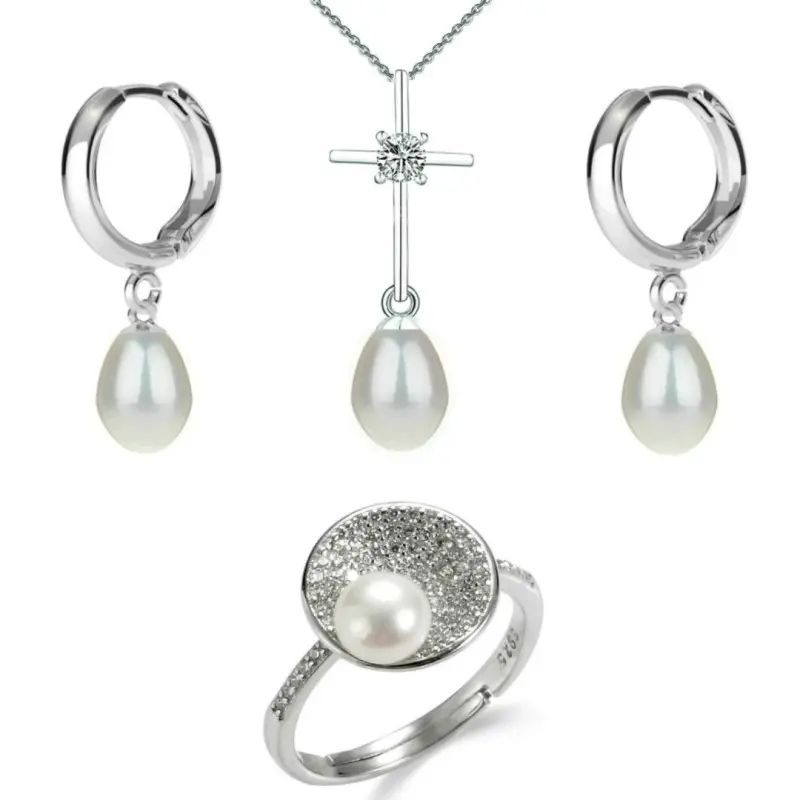 Set Argint, Inel Reglabil Unique, Crucifix si Creole cu Perle Naturale Albe