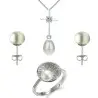 Set Argint, Inel Reglabil Unique, Crucifix Mic si Cercei cu Perle Naturale Albe