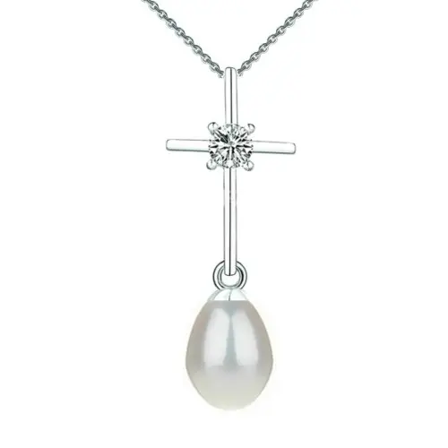Set Argint, Inel Reglabil Unique, Crucifix Mic si Cercei cu Perle Naturale Albe