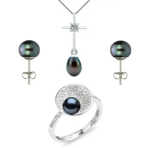 Set Argint, Inel Reglabil Unique, Crucifix Mic si Cercei cu Perle Naturale Negre