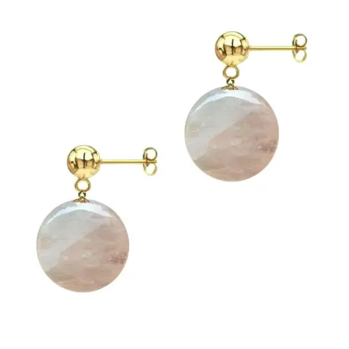 Cercei Aur Galben de 14 karate si Pietre Semipretioase Naturale de Cuart Roz de 10 mm