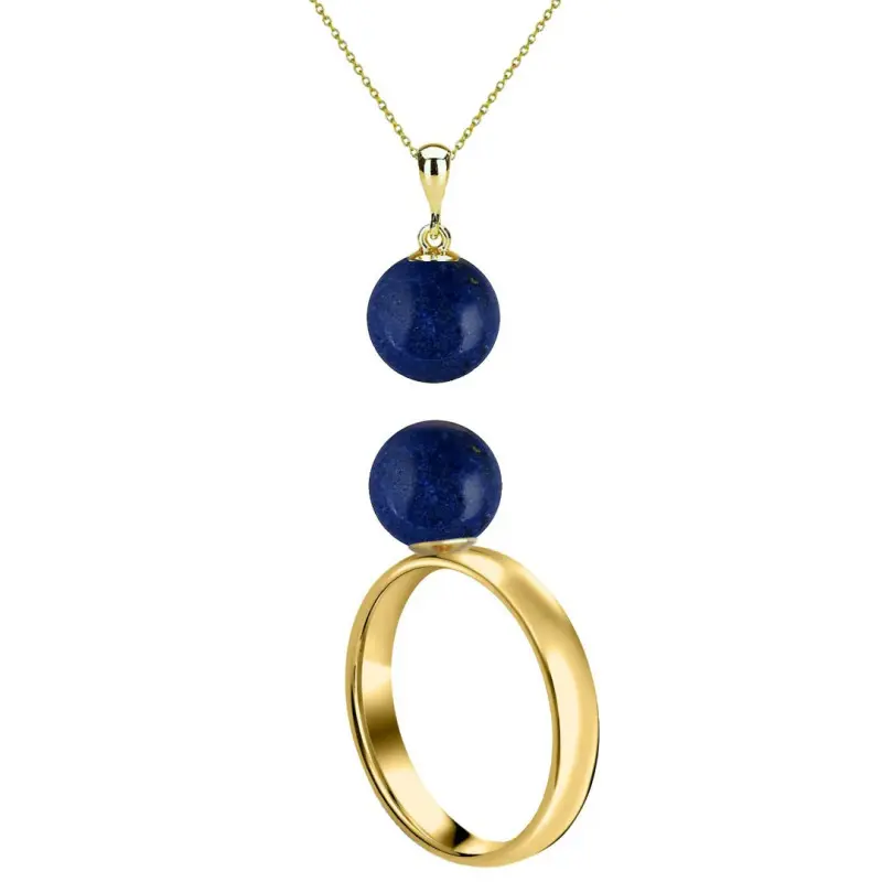 Set Aur 14 karate, Colier cu Pandantiv si Inel cu Pietre Semipretioase Naturale de Lapis Lazuli de 8 mm