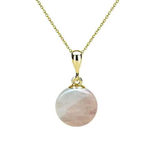 Set Aur 14 karate, Colier cu Pandantiv si Cercei Model Lalea cu Pietre Semipretioase Naturale de Cuart Roz de 8 mm