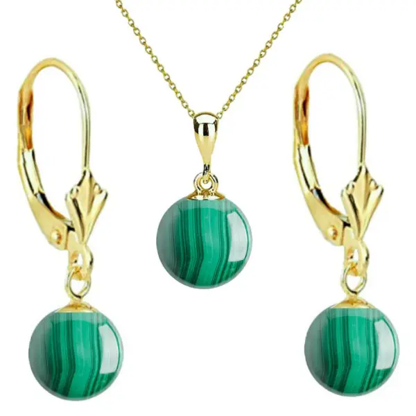 Set Aur 14 karate, Colier cu Pandantiv si Cercei Model Lalea cu Pietre Semipretioase Naturale de Malachit de 8 mm