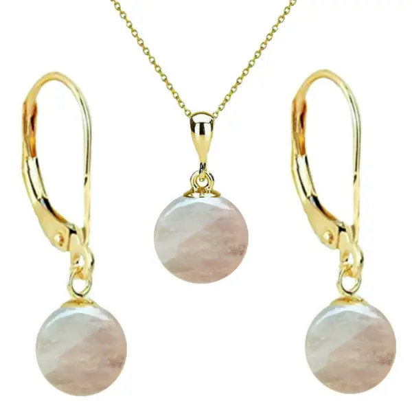 Set Aur 14 karate, Colier cu Pandantiv si Cercei cu Tortita Inchisa cu Pietre Semipretioase Naturale de Cuart Roz de 8 mm