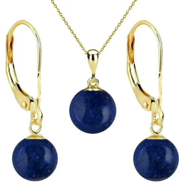 Set Aur 14 karate, Colier cu Pandantiv si Cercei cu Tortita Inchisa cu Pietre Semipretioase Naturale de Lapis Lazuli de 8 mm