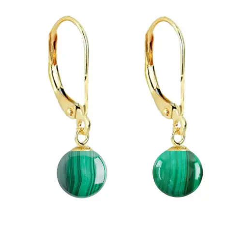 Set Aur 14 karate, Colier cu Pandantiv si Cercei cu Tortita Inchisa cu Pietre Semipretioase Naturale de Malachit de 8 mm