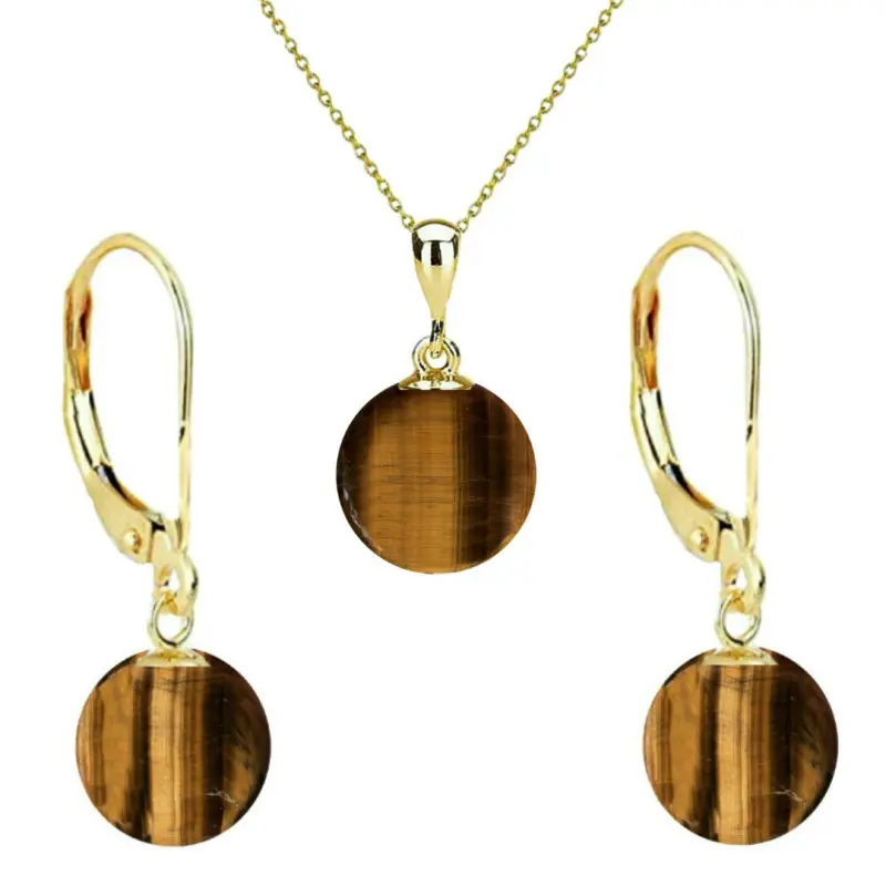 Set Aur 14 karate, Colier cu Pandantiv si Cercei cu Tortita Inchisa cu Pietre Semipretioase Naturale de Ochi de Tigru de 10 mm Set Aur 14 karate, Colier cu Pandantiv si Cercei cu Tortita Inchisa cu Pietre Semipretioase Naturale de Ochi de Tigru de 10 mm