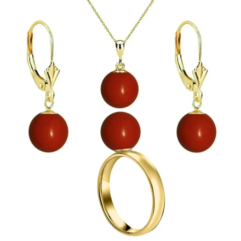 Set Aur 14 karate, Colier cu Pandantiv, Cercei si Inel cu Pietre Semipretioase Naturale de Coral de 10 mm