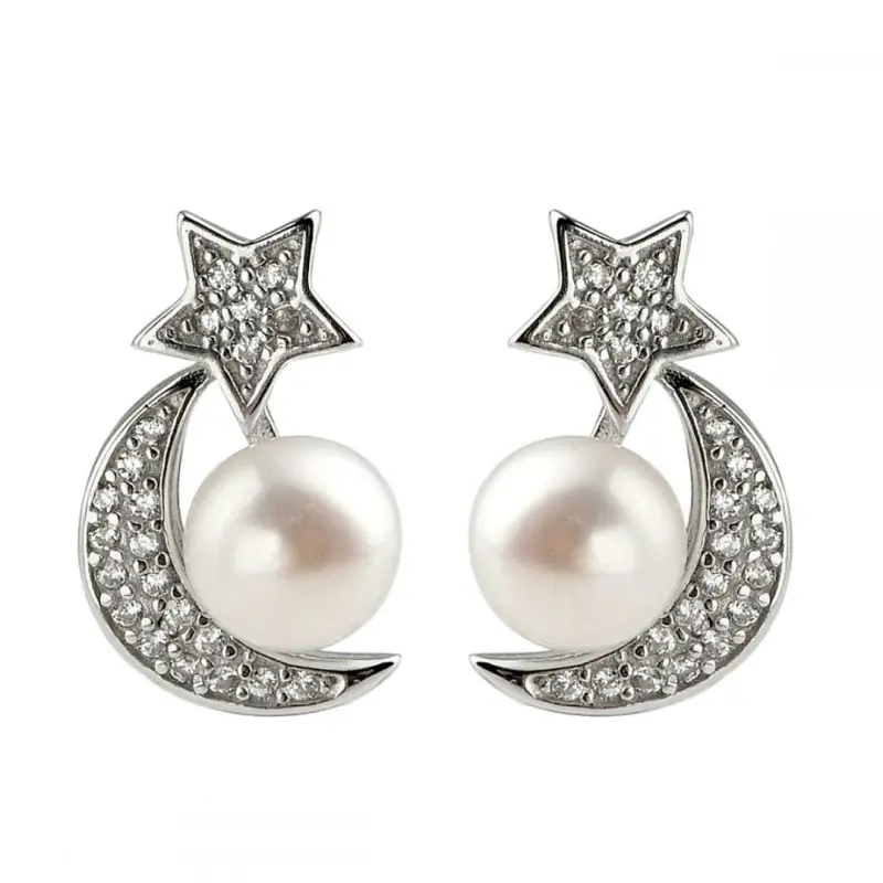 Cercei Argint cu Perle Naturale Albe de 6,5-7 mm si Zirconii