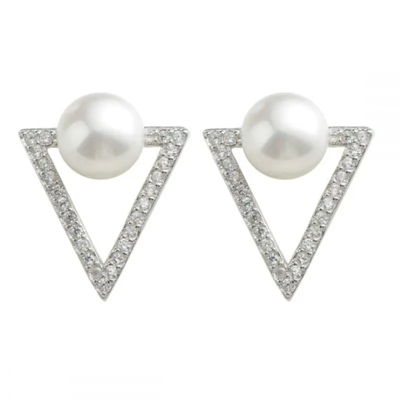 Cercei Argint, Forma Triunghi, cu Perle Naturale de 6,5-7 mm si Zirconii