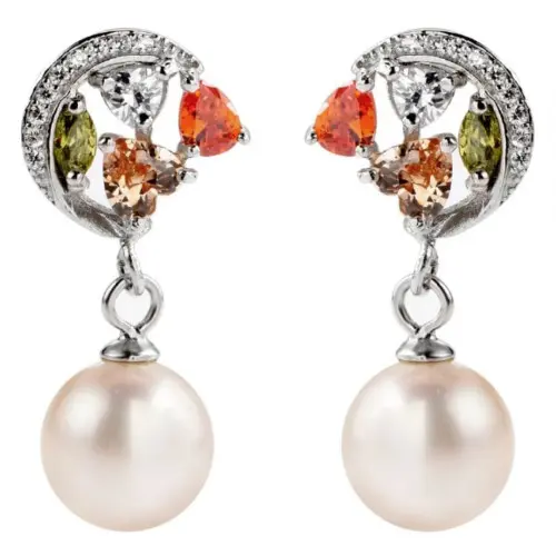 Cercei Argint cu Zirconii Cubice Multicolore si Perle Naturale Albe de 8-9 mm