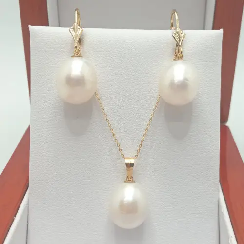 Set Aur Galben de 14k cu Perle Naturale Premium Albe, Rare, Forma Lacrima, de 12/9 mm