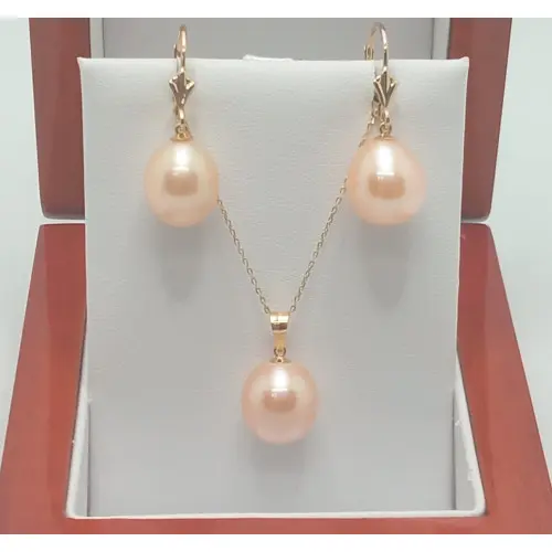 Set Aur Galben de 14k cu Perle Naturale Premium Crem, Rare, Forma Lacrima, de 12/9 mm