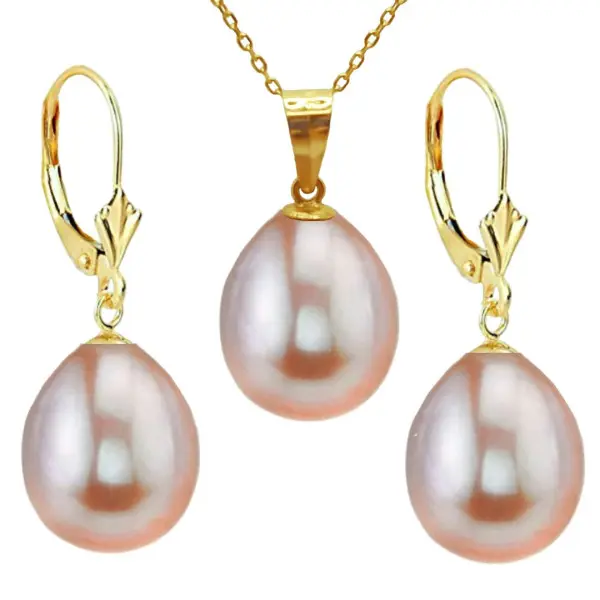 Set Aur Galben de 14k cu Perle Naturale Premium Lavanda, Rare, Forma Lacrima, de 12/9 mm