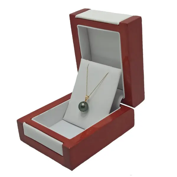 Colier cu Perlă Naturală Tahitiană 9 mm, Calitatea AAA, Aur Galben 14K, Cutie de Bijuterii, Vedere Laterală Stânga