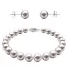Set Aur Alb de 14k Bratara si Cercei Tip Surub cu Perle Naturale Albe de 7-8 mm si Inchizatoare Filigranata