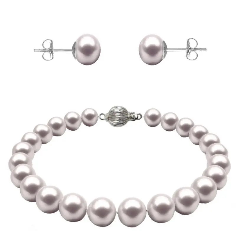 Set Aur Alb de 14k Bratara si Cercei Tip Surub cu Perle Naturale Albe de 7-8 mm si Inchizatoare Sferica