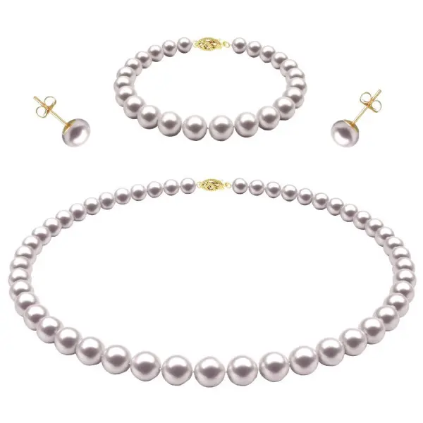 Set Aur Galben 14 k, Colier, Bratara si Cercei Tip Surub cu Perle Naturale Albe de 7-8 mm si Inchizatori Filigranate