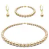 Set Aur Galben 14 k, Colier, Bratara si Cercei Tortita Model Lalea cu Perle Naturale Crem de 7-8 mm si Inchizatori Filigranate