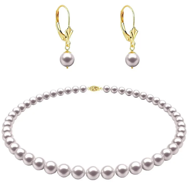 Set Colier si Cercei Tortita Model Lalea cu Perle Naturale Albe de 7-8 mm si Inchizatoare Filigranata din Aur Galben de 14 k