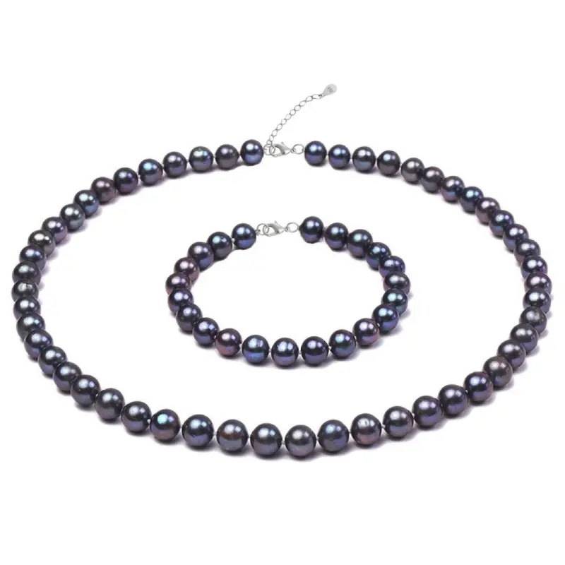 Set Colier si Bratara cu Perle Naturale Negre de 7-8 mm si Inchizatori din Argint