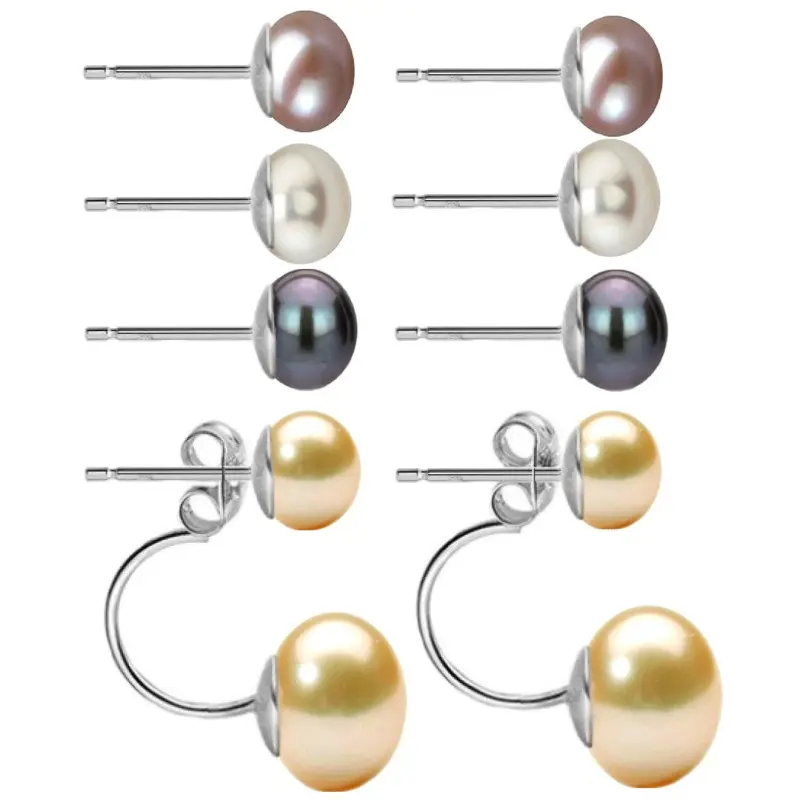 Cercei Double Argint si Perle Naturale, Model 8 in 1, cu Perla de Baza de Culoare Crem, de 9-10 mm