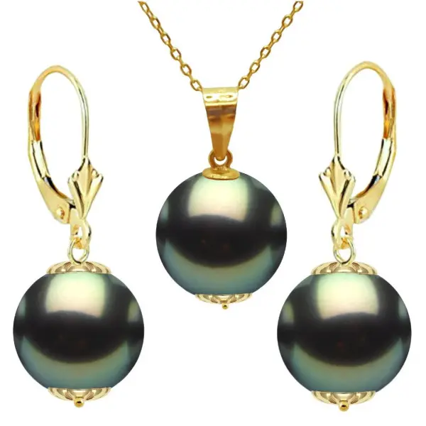 Set Perle Tahitiene – Colier cu Pandantiv și Cercei, Aur Galben 14K, Perle Rotunde 10 mm, Calitate AAA - KASKADDA®