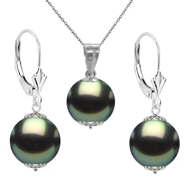 Set Perle Tahitiene 9 mm, Aur Alb 14K – Colier și Cercei | KASKADDA®